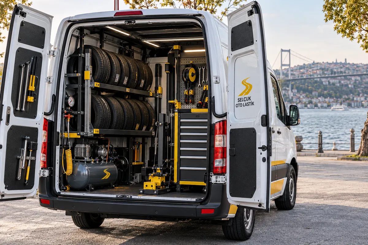 Mobil servis aracının içindeki lastik ekipmanları