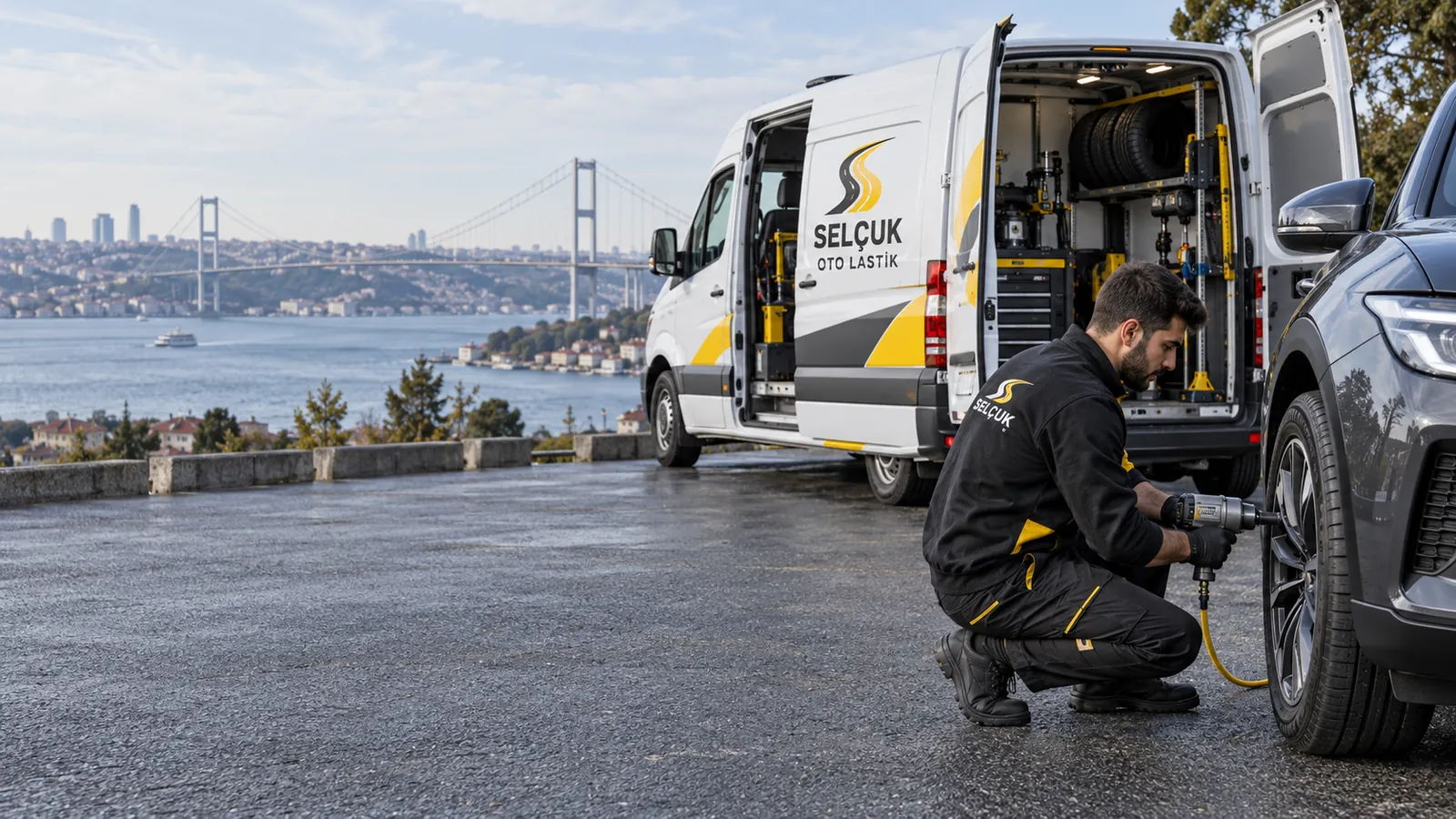 İstanbul’da mobil servis aracı yanında lastiğe müdahale eden teknisyen