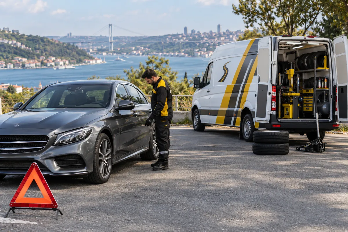 Lastik sorunu yaşayan aracın yanında mobil servis